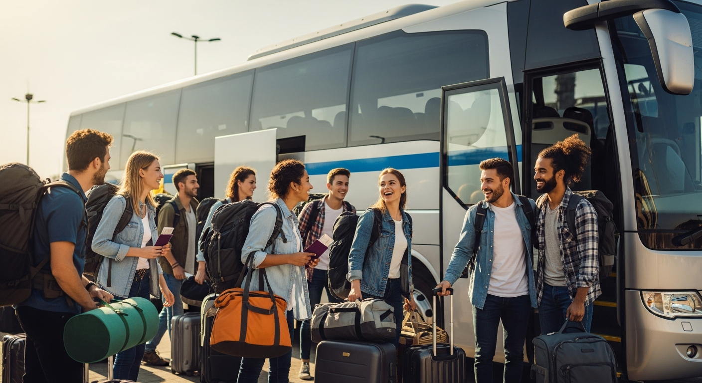 OurBus intercity bus with passengers boarding at a modern transit station in daylight