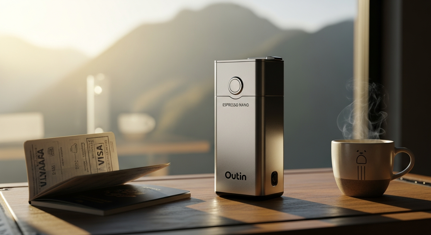 OutIn Nano Portable Electric Espresso Maker displaying 20-bar pressure pump and 7500 mAh battery system for travel