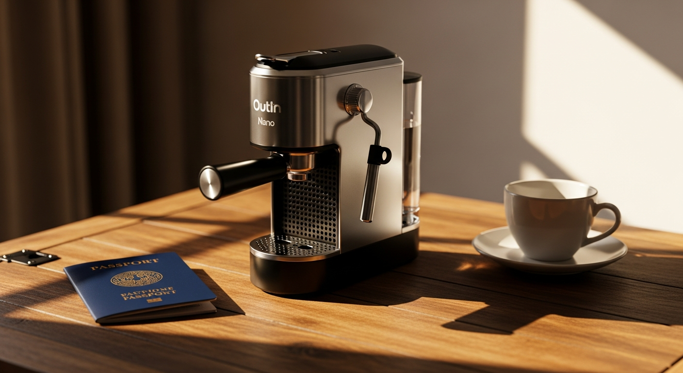 OutIn Nano Portable Espresso Machine displayed with camping gear and mountain landscape background