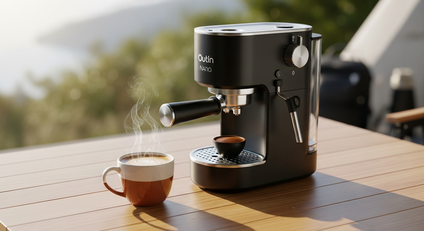 OutIn Nano Portable Espresso Machine displaying self-heating battery system and 20-bar pump technology for travel