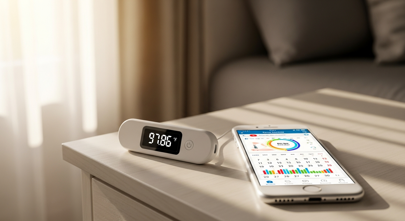 Woman holding Ovy Bluetooth basal thermometer with smartphone app displaying cycle tracking data