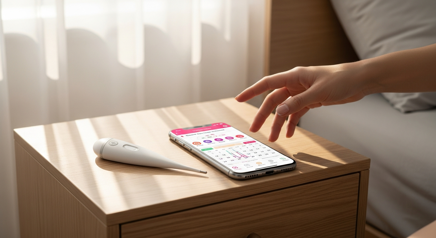 Woman holding Ovy Bluetooth basal thermometer with smartphone displaying cycle tracking app interface