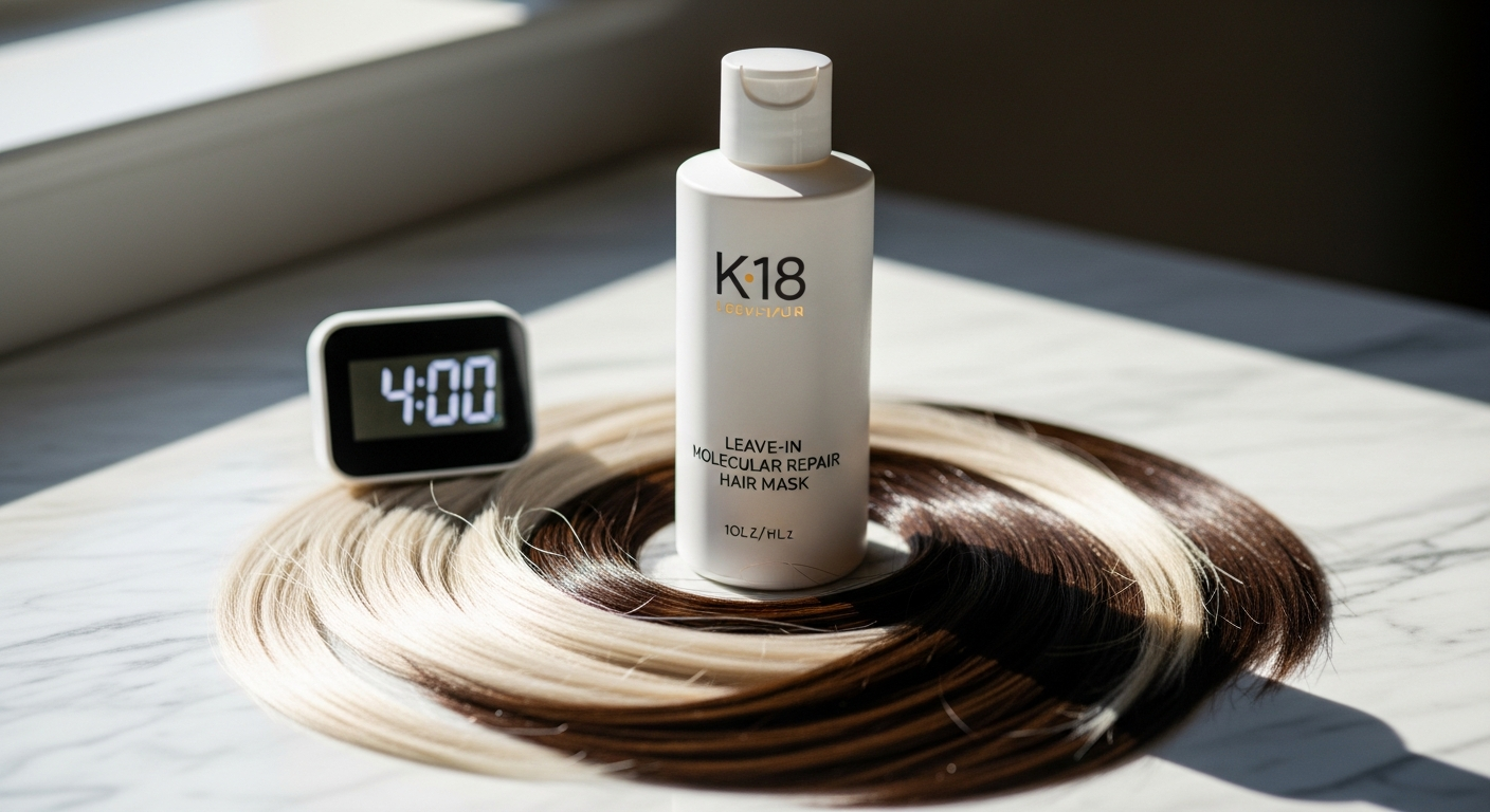 K18 Leave-In Molecular Repair Mask bottle displayed with healthy repaired hair strands showing shine and smoothness