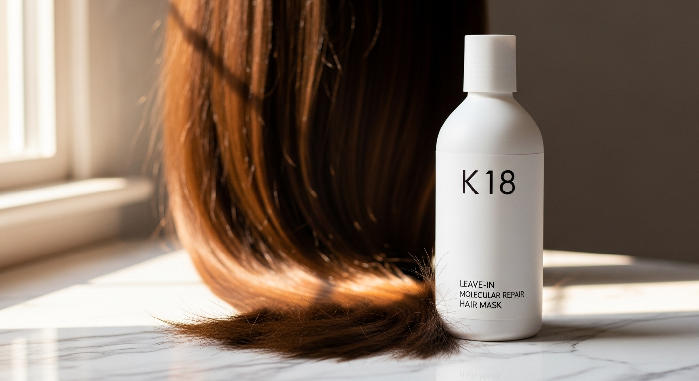 K18 Leave-In Molecular Repair Mask bottle with healthy, shiny, repaired hair strands
