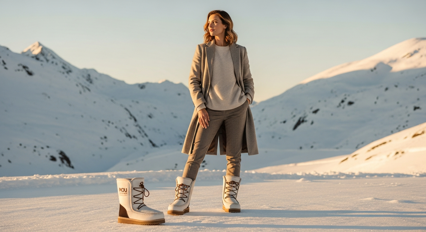 Luxury MOU Eskimo boots in premium sheepskin with hand-crocheted seams displayed on winter background