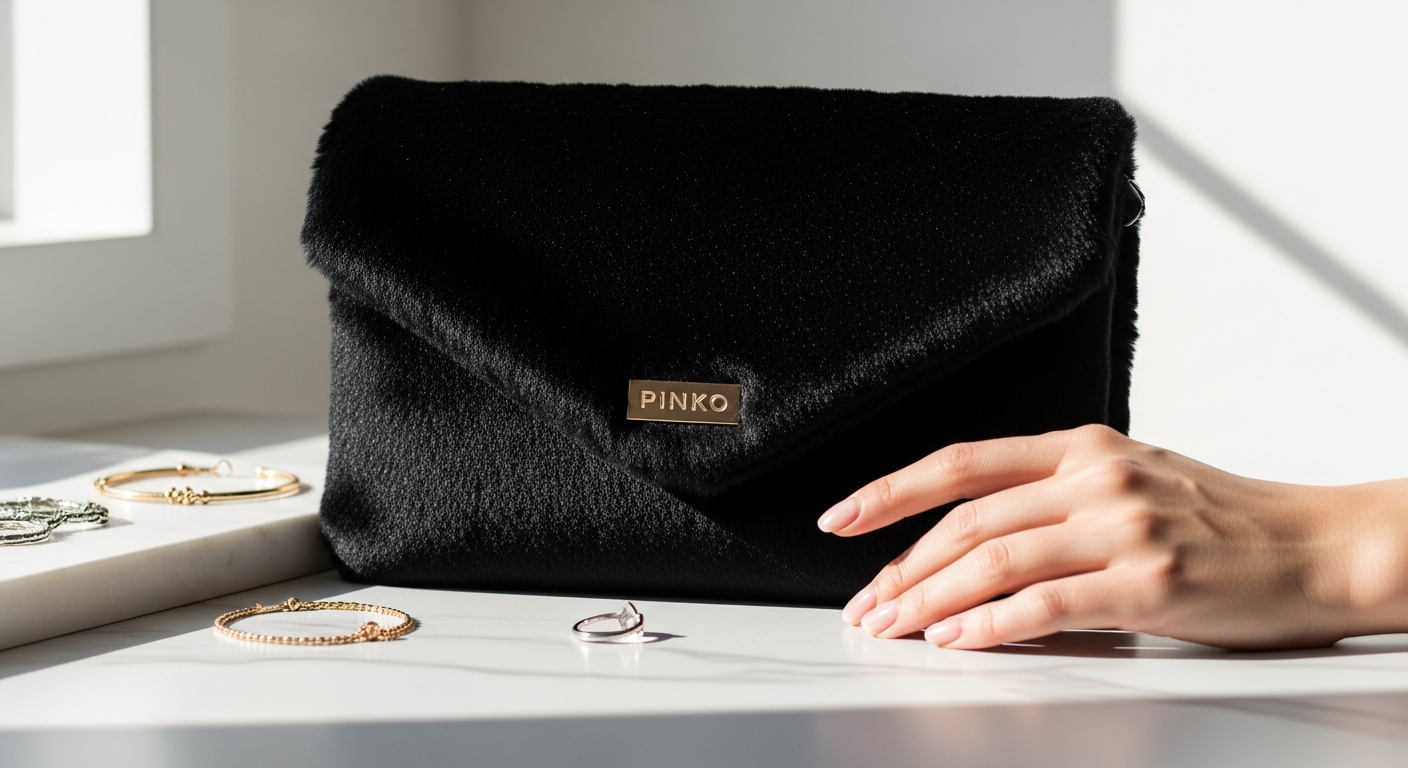 Black faux fur PINKO clutch bag with metallic logo plaque on luxury fashion background