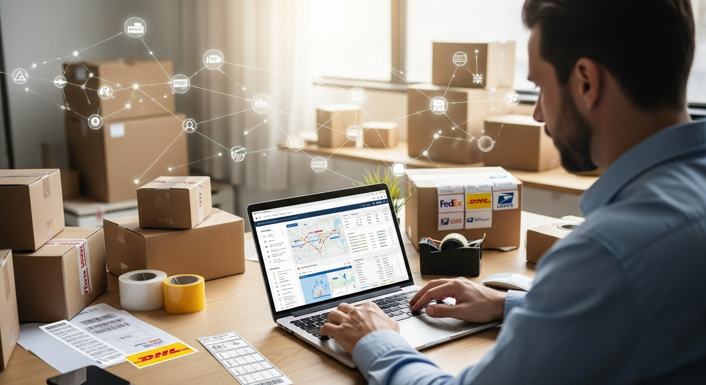Small business owner comparing shipping rates across multiple carriers on a unified platform dashboard
