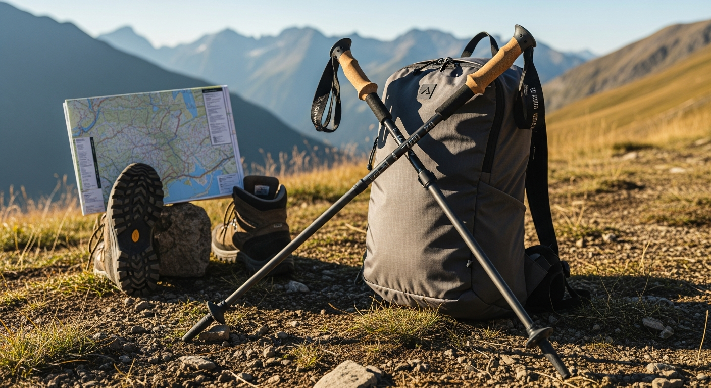 Paria Tri-Fold Carbon Cork Trekking Poles displayed on a mountain trail with hiking backpack