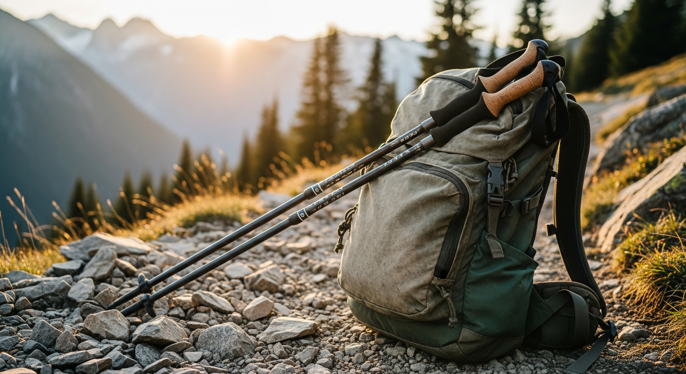 Paria Tri-Fold Carbon Cork Trekking Poles displayed in collapsed and extended positions on mountain terrain