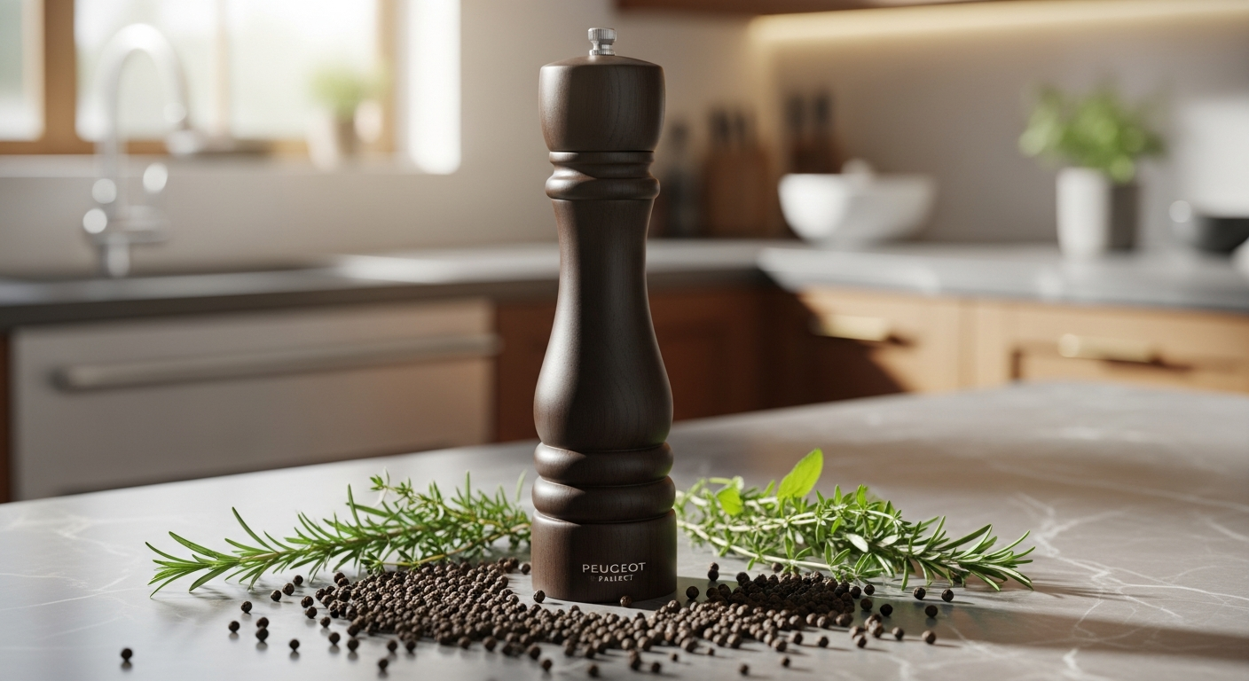 Peugeot Paris U'Select Pepper Mill in chocolate finish displayed on white kitchen counter