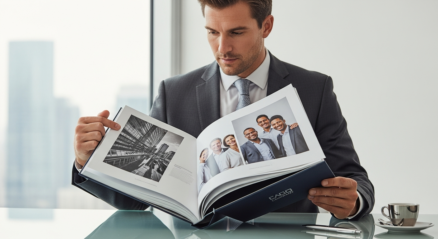 Professional corporate photo book with hardcover binding displayed on desk