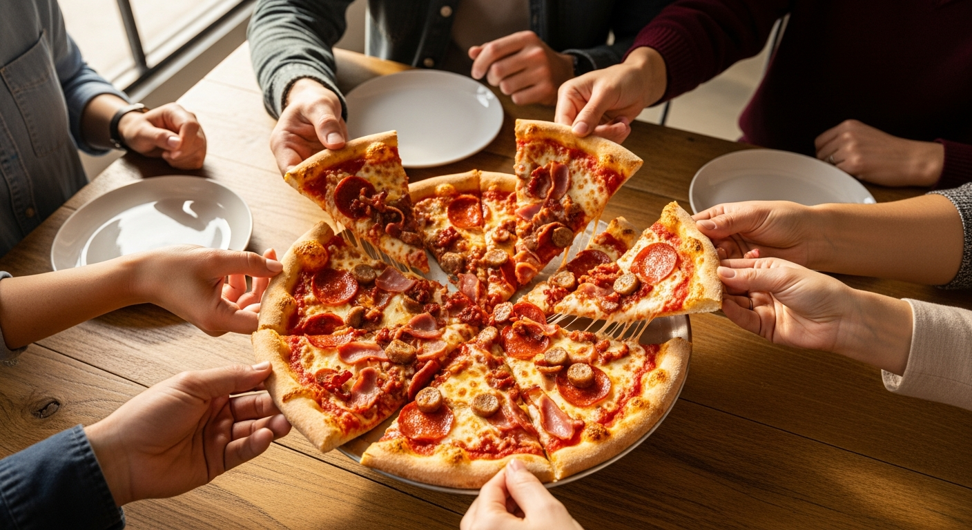 Max Pizza's Signature Meat Pizza with bacon, sausage, hamburger, and pepperoni toppings