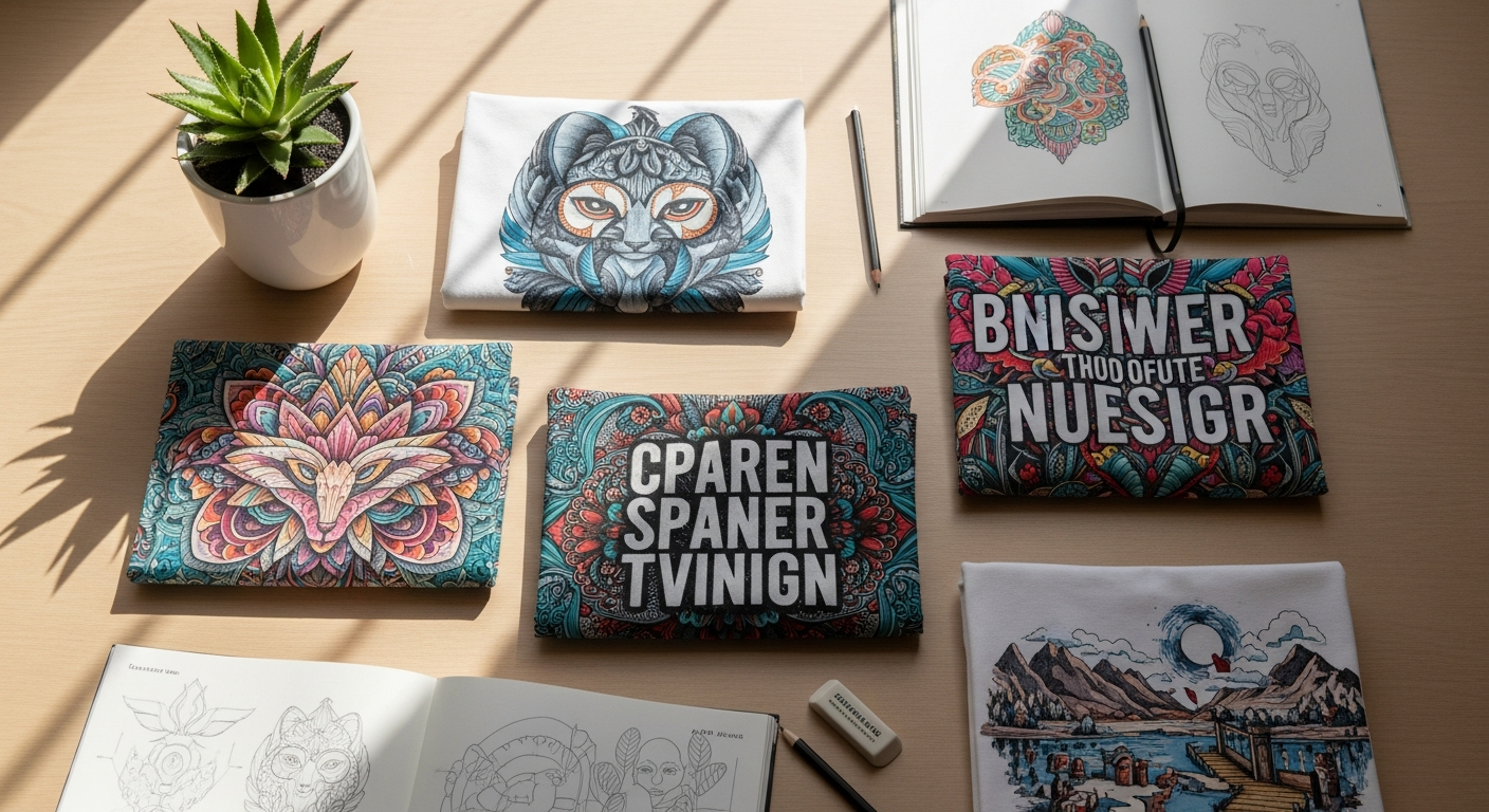 Colorful custom graphic design t-shirts displayed on a white background showcasing unique artist designs