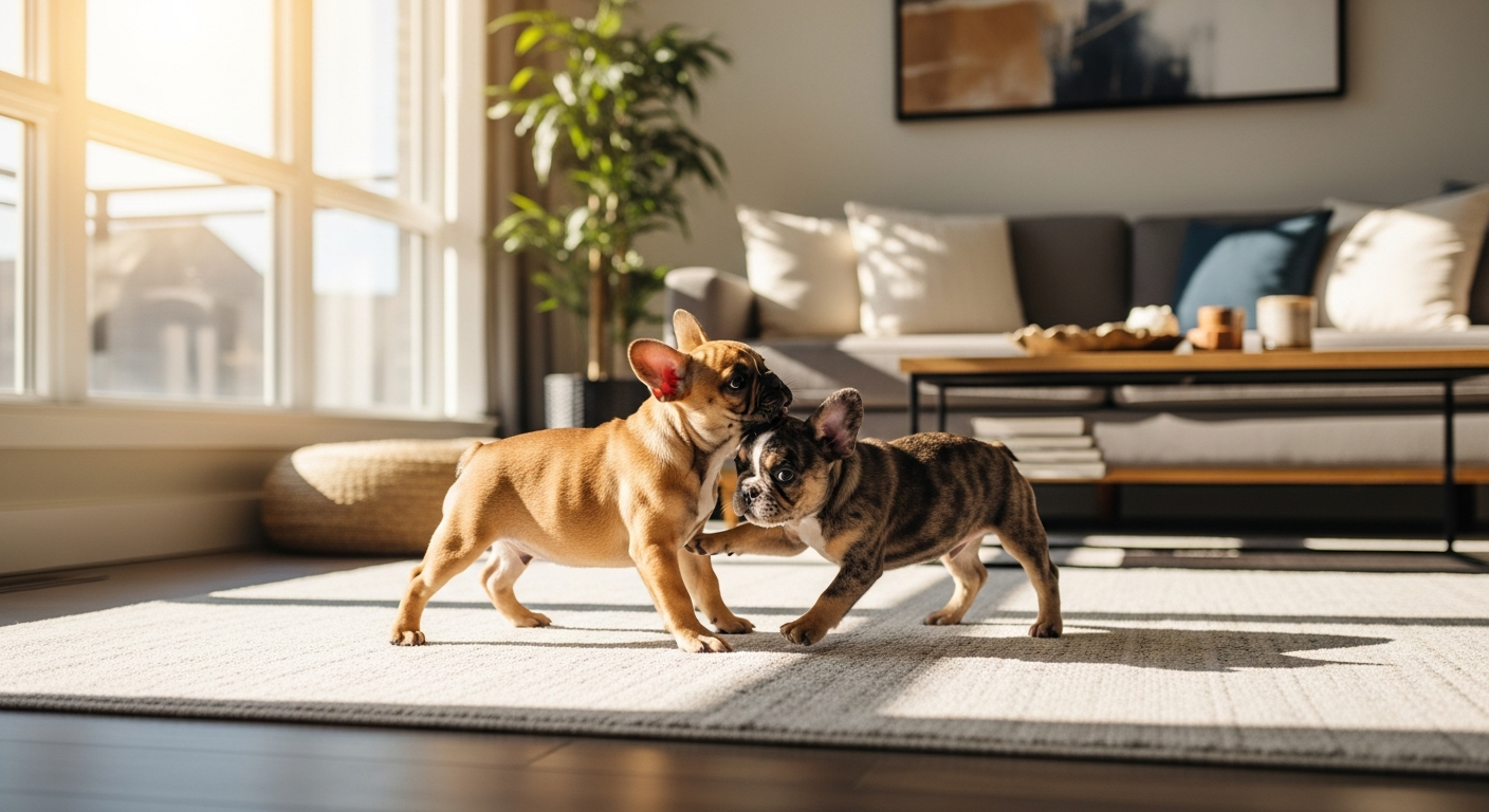 French Bulldog puppy sitting in modern apartment living room with urban skyline view