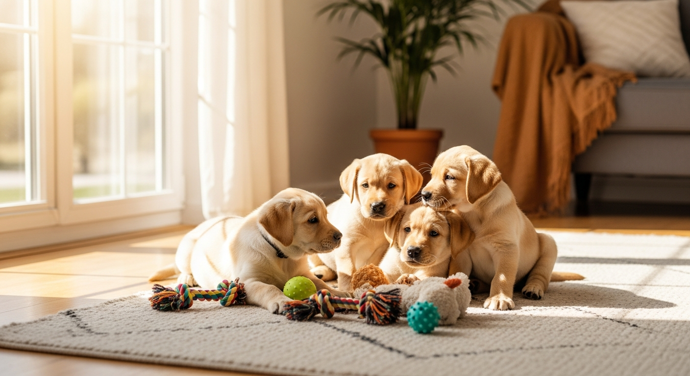 Adorable purebred Labrador Retriever puppy with soft coat looking at camera