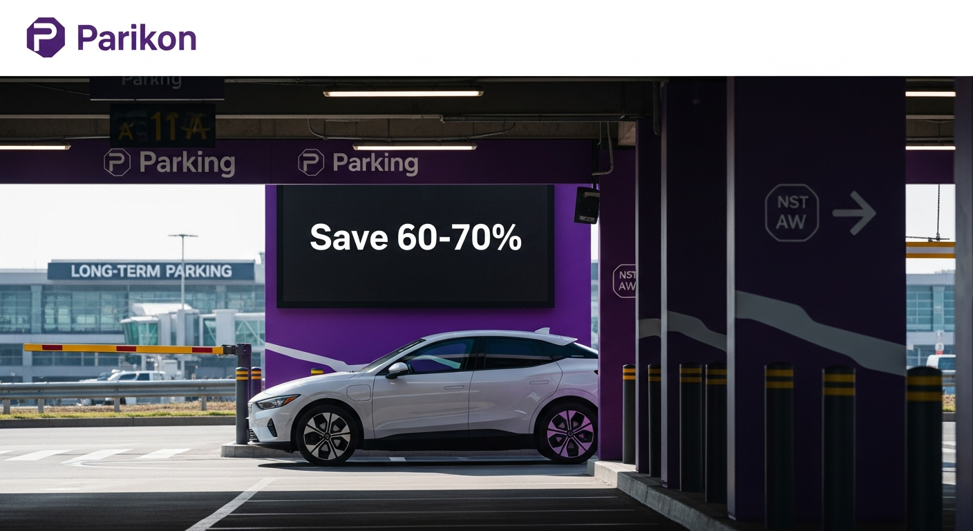 Purple Parking Airport Park & Ride shuttle bus at secure off-site parking facility with professional staff