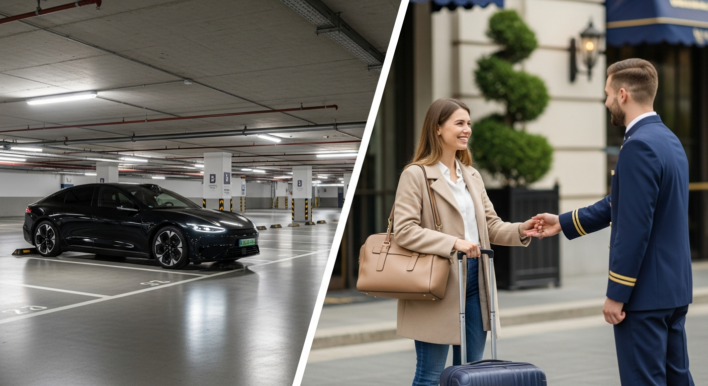 Airport parking comparison guide showing Park and Ride versus Meet and Greet service options
