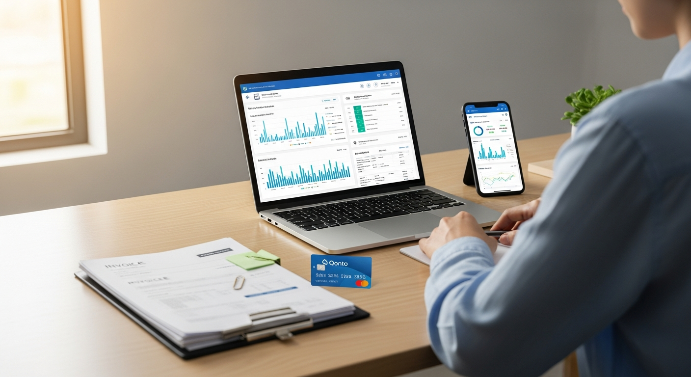 Qonto Smart Business Account dashboard showing invoicing, expense tracking, and financial management tools for freelancers