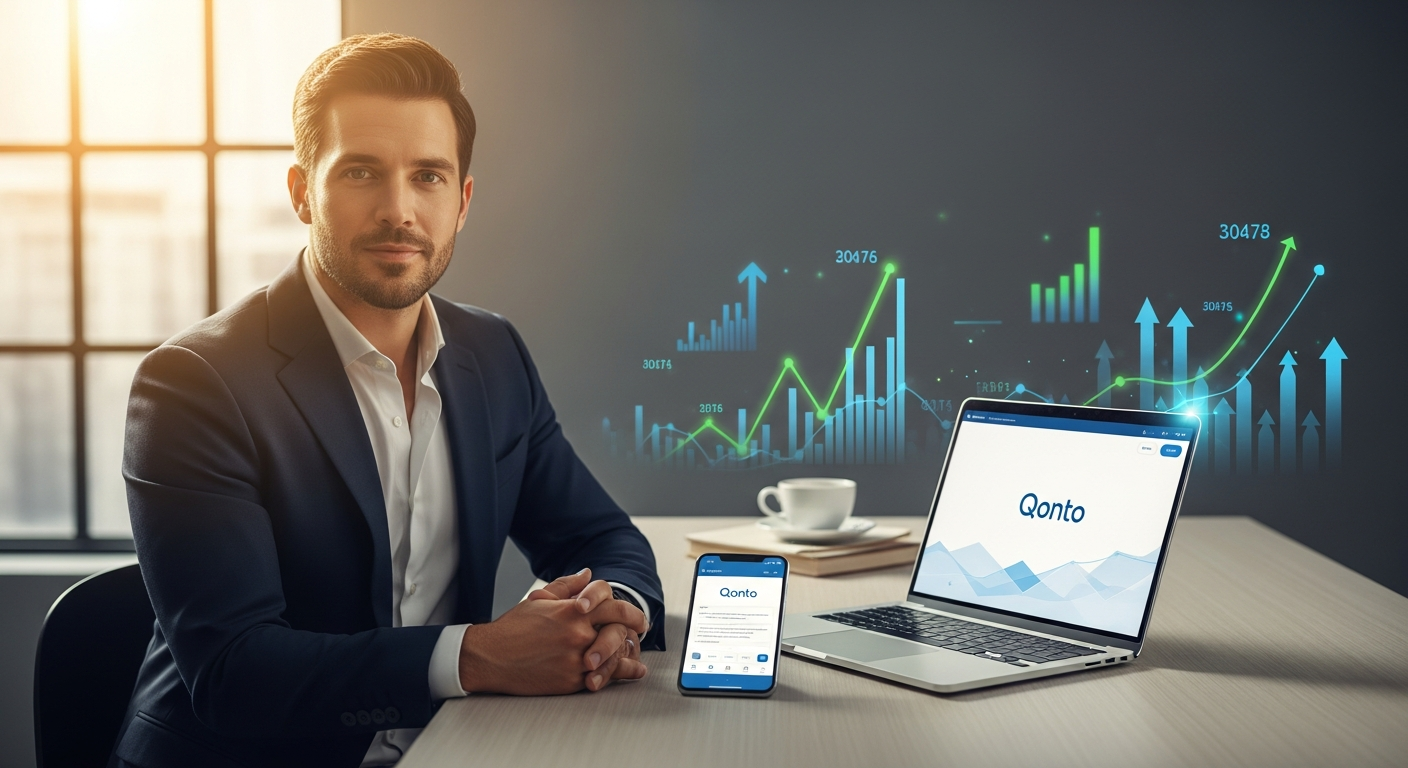 Solopreneur managing finances on laptop with Qonto Smart Business Account dashboard displayed