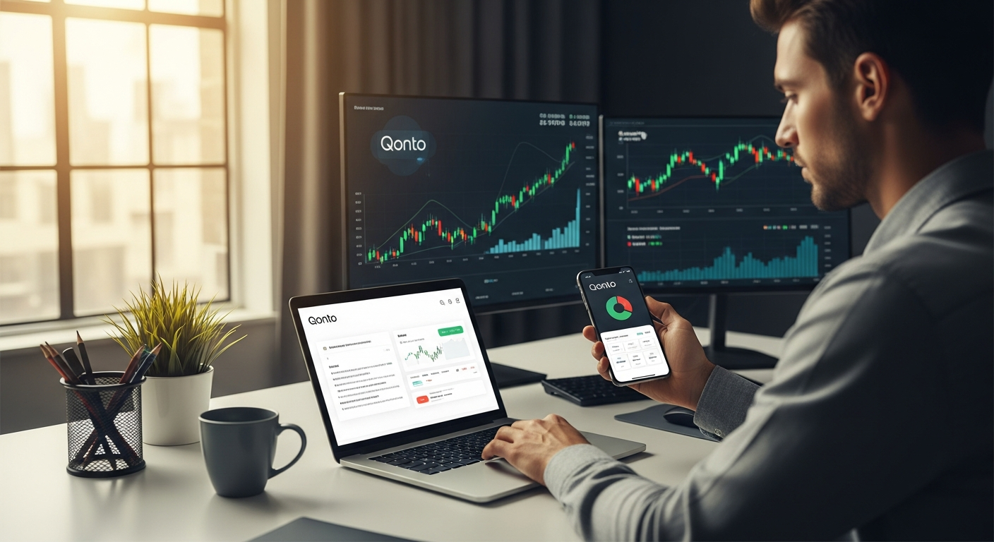 Freelancer managing finances on laptop with Qonto Smart Business Account dashboard displayed