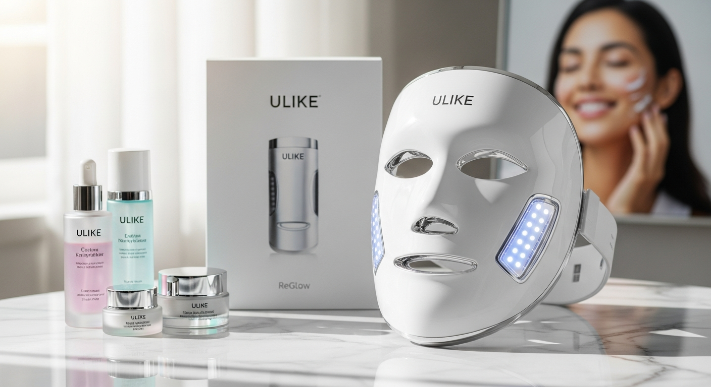 Ulike ReGlow LED Light Therapy Mask with 272 high-powered LEDs displayed on face