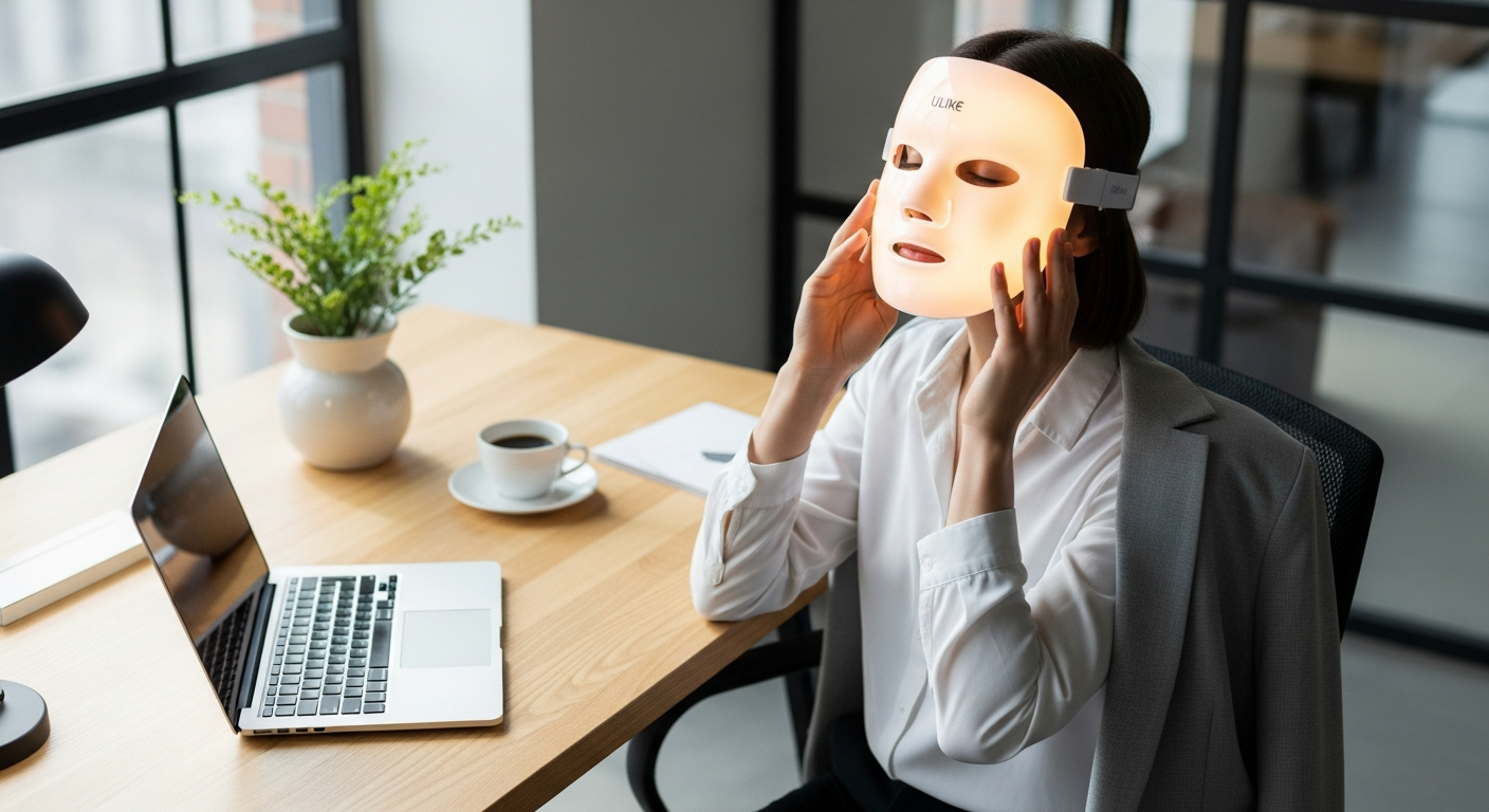 Busy professional using Ulike ReGlow LED Light Therapy Mask for skincare treatment