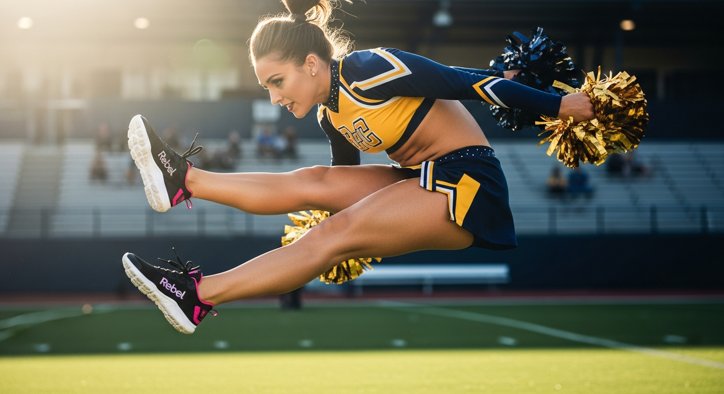 Rebel Revolution Cheerleading Performance Shoe displaying advanced grip technology and ankle support design