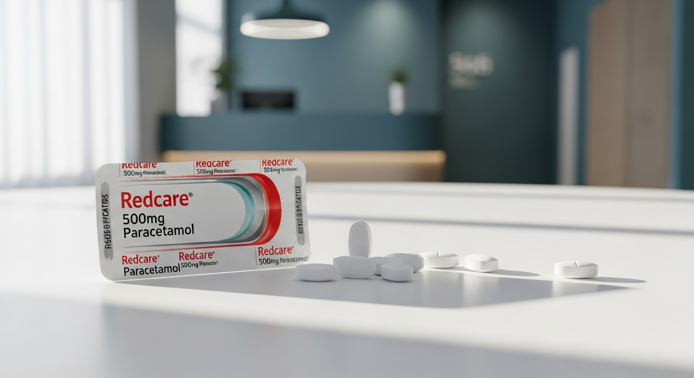 Paracetamol Redcare 500 mg tablets in blister pack displayed on pharmacy shelf with price tag
