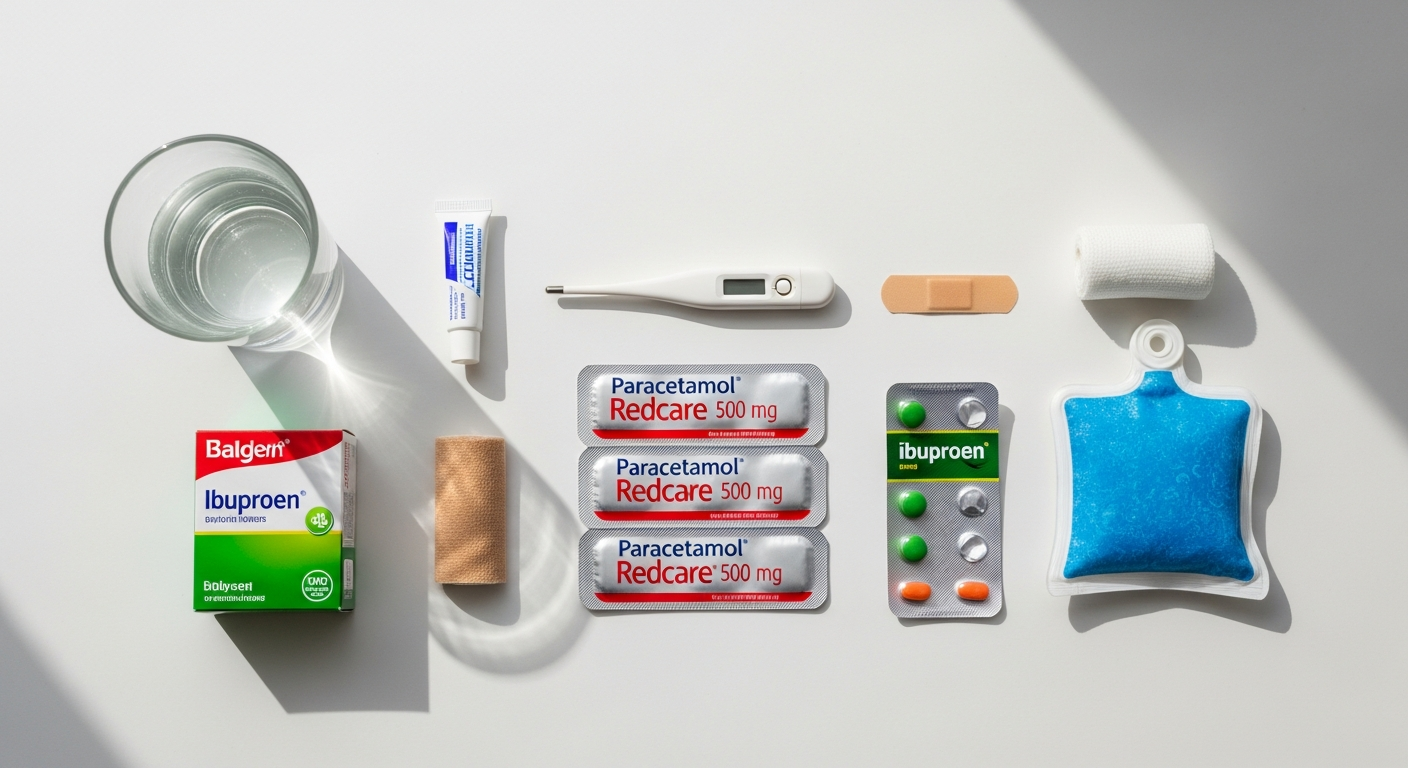 Paracetamol Redcare 500 mg tablets displayed in original packaging with medicine cabinet storage setup