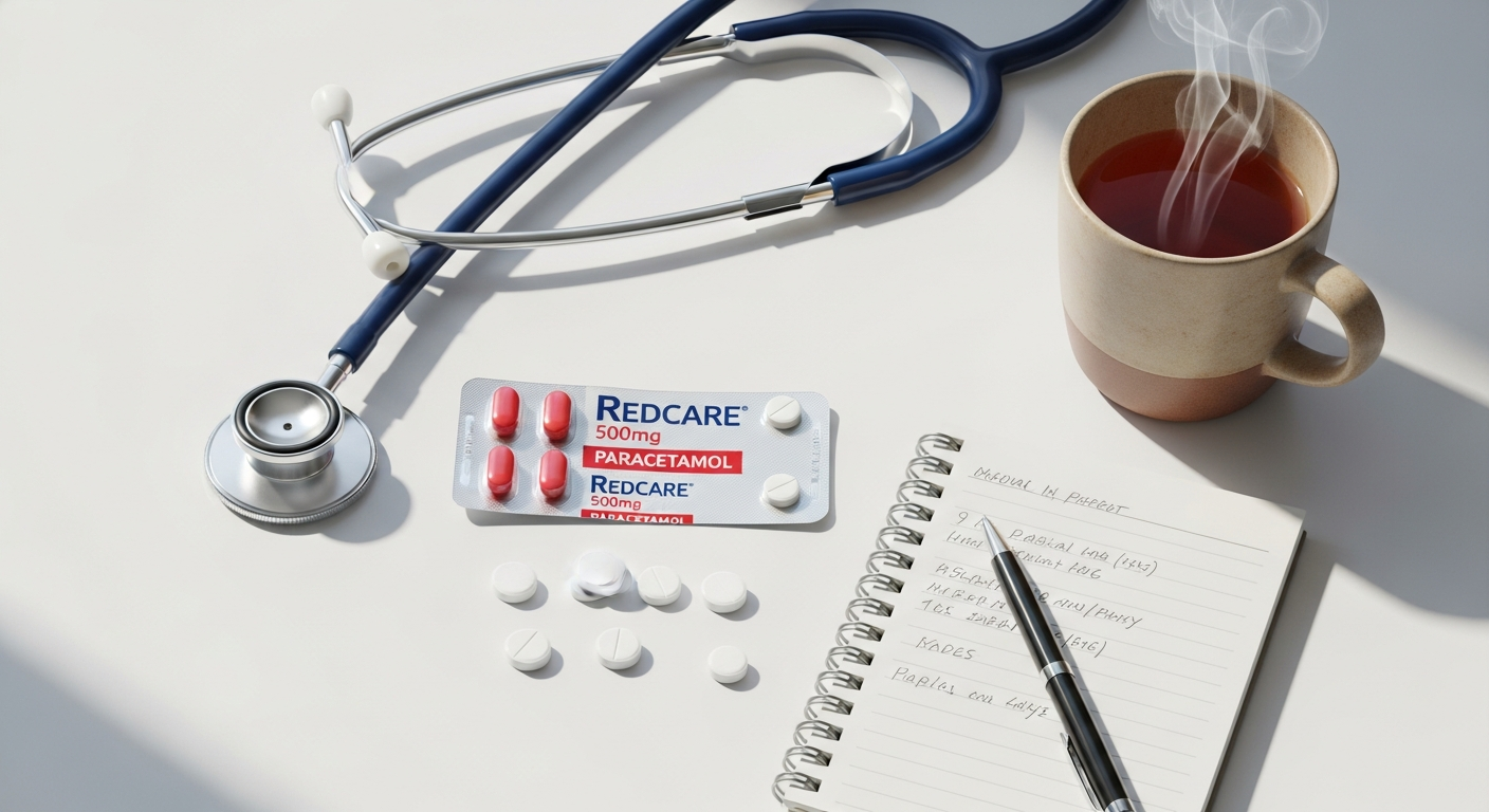 Paracetamol Redcare 500mg tablets in white packaging displayed with blister strips
