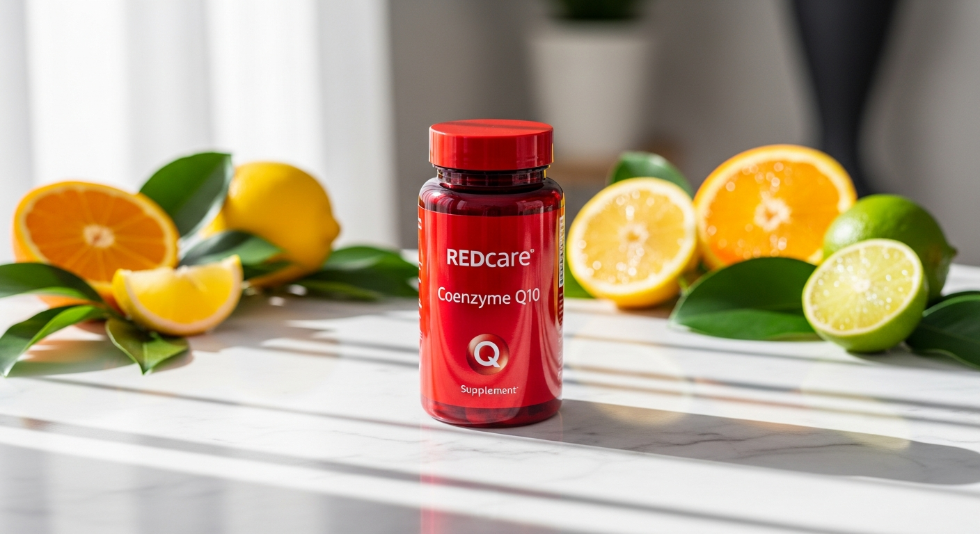 Redcare Coenzima Q10 supplement bottle with capsules displayed on a wellness background