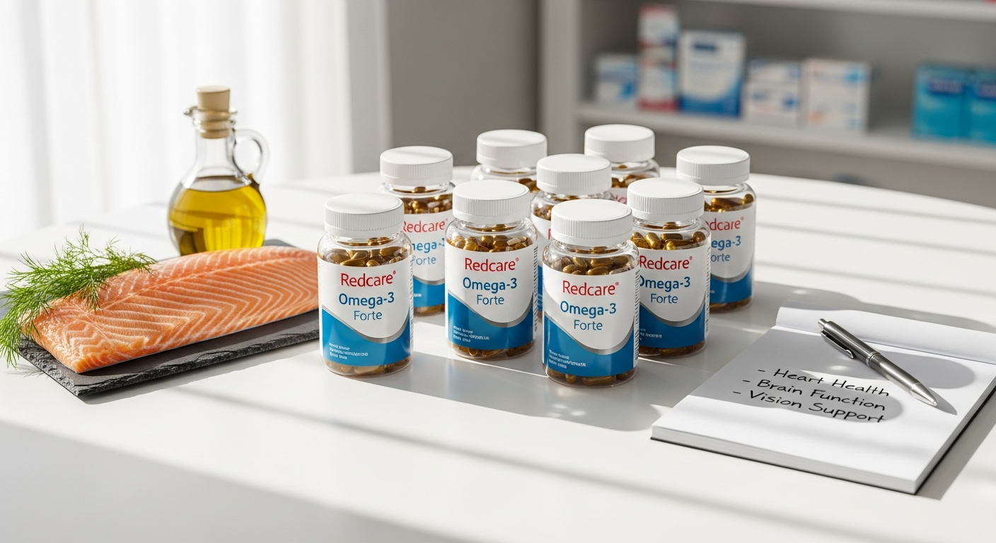 Redcare Omega-3 Forte Capsules bottle displayed with fresh fish and healthy heart symbol