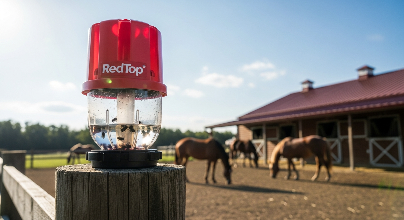 Redtop Outdoor Non-Toxic Fly Trap mounted on farm fence with livestock in background