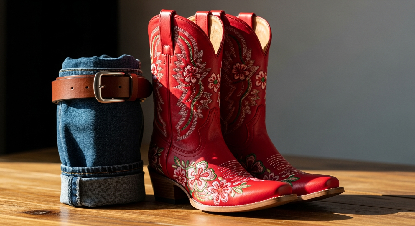 Redtop Rosemary Red Embroidered Cowgirl Boots featuring crimson leather and intricate hand-stitched Western embroidery