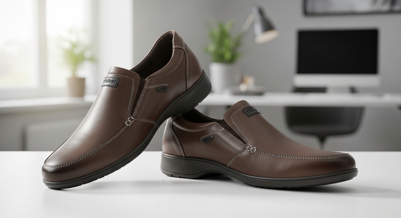 Rieker 14450 Dustin men's slip-on shoe in brown leather with bungee lacing and pull-on tab design