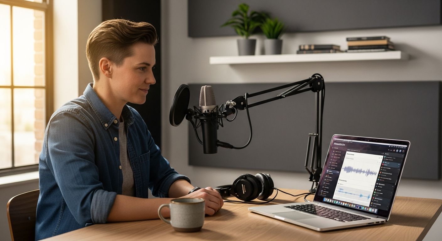 Riverside.fm remote podcast recording platform interface showing multi-track recording and AI editing features for solo creators