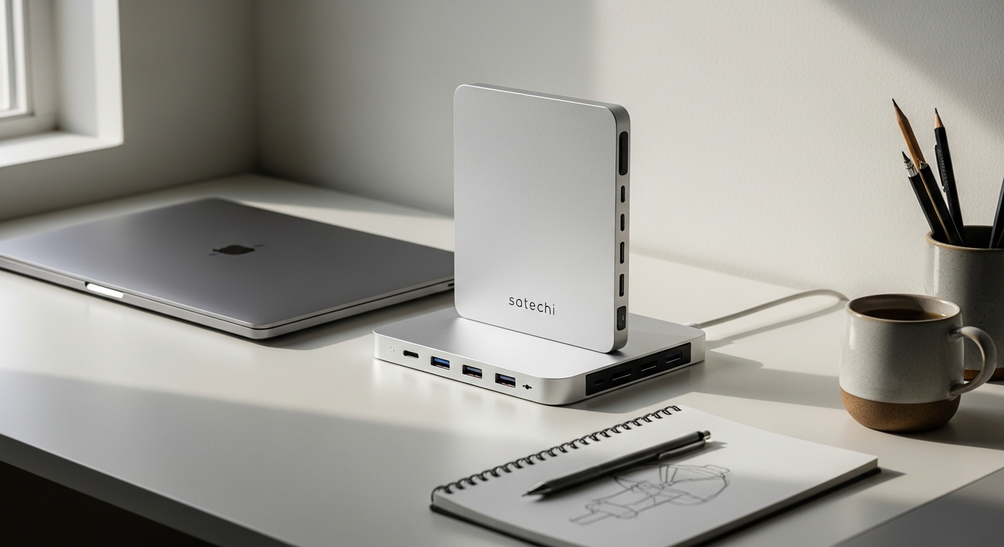 Satechi Mac Mini Stand & Hub with SSD enclosure featuring aluminum design and multiple ports