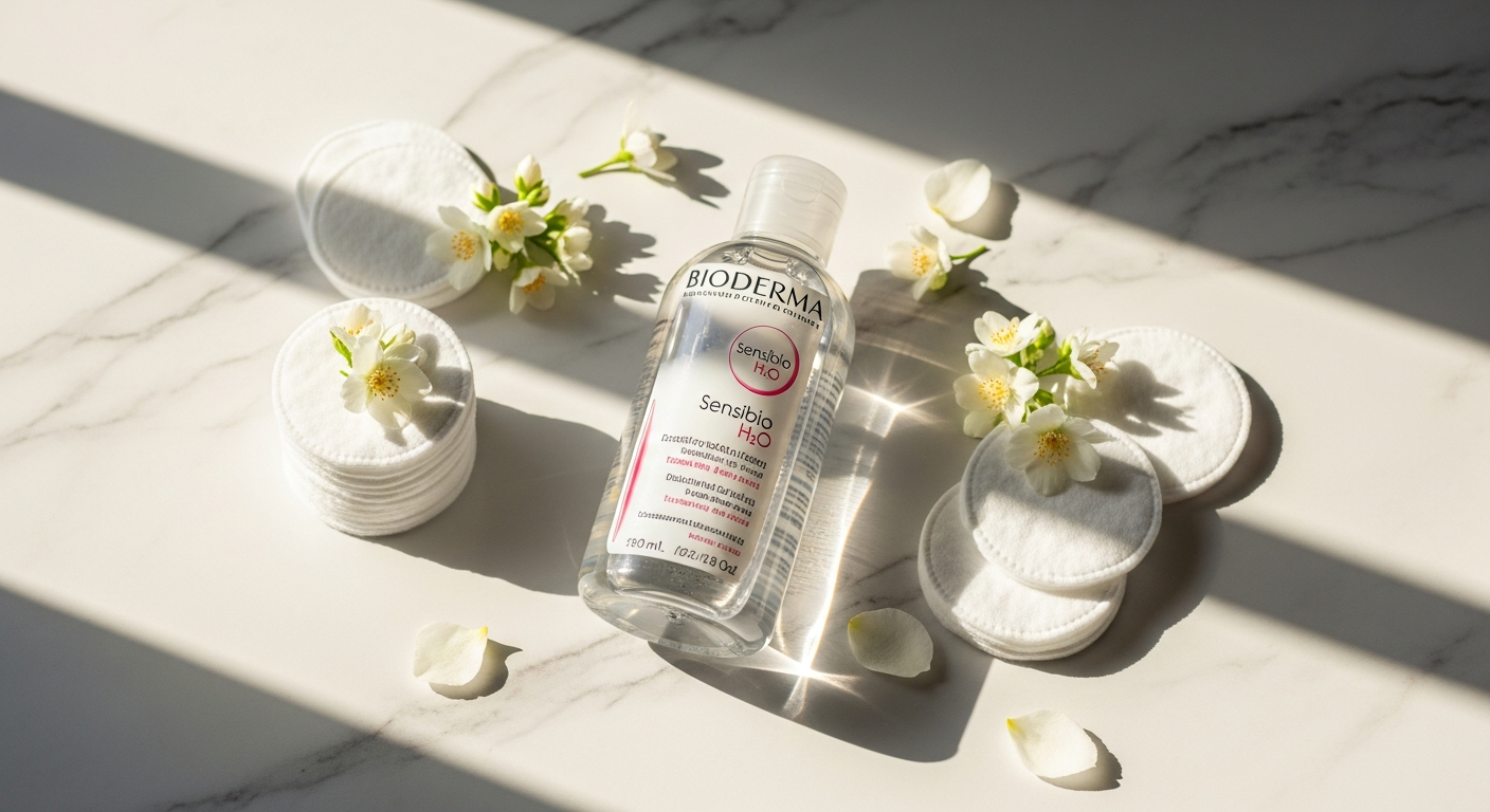 Bioderma Sensibio H2O micellar water bottle displayed with cotton pads and skincare products for sensitive skin cleansing