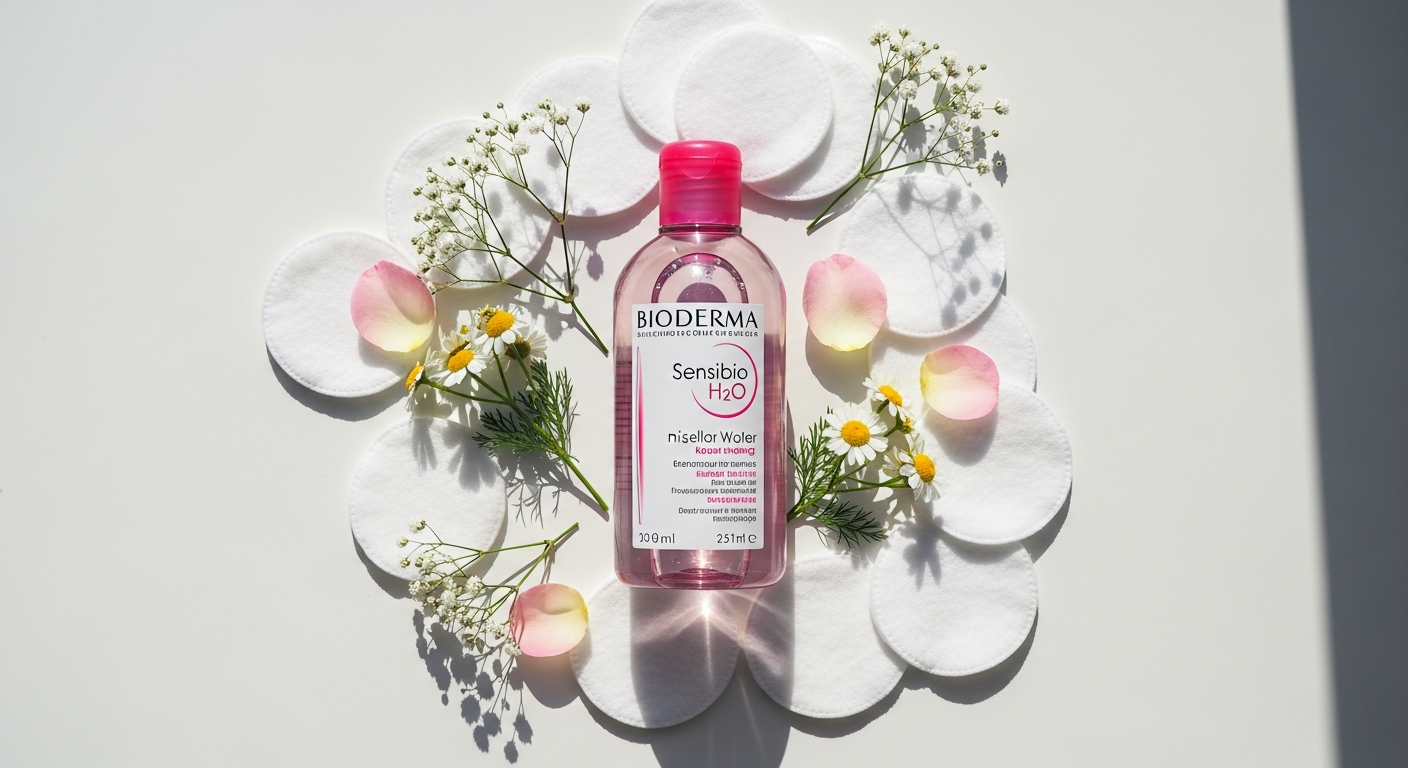 Bioderma Sensibio H2O micellar water bottle displayed with water droplets and cucumber extract ingredients