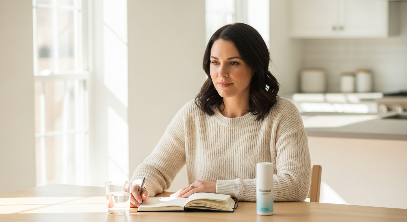Woman holding SheMed GLP-1 medication package with clinical support materials and health tracking app displayed
