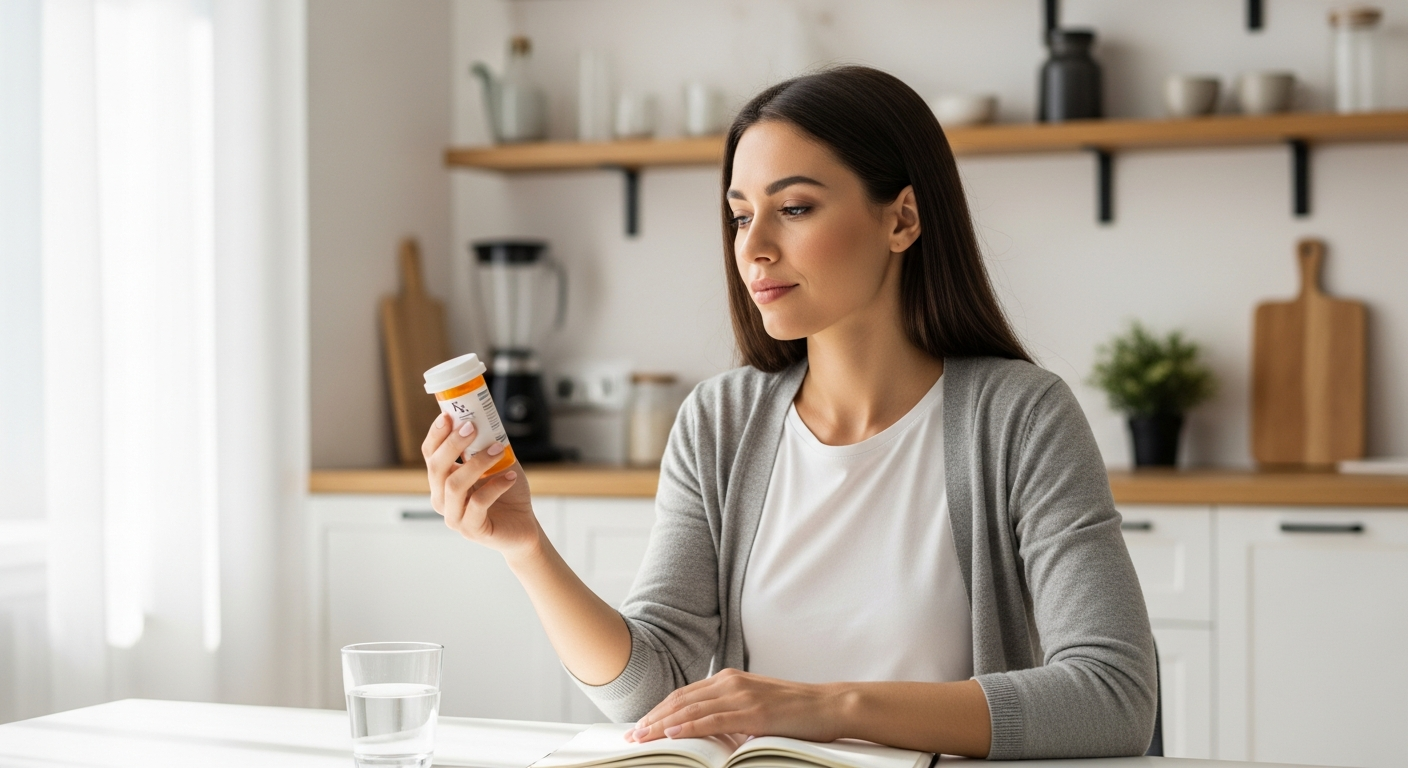 Woman holding SheMed GLP-1 weight loss medication with support kit and clinical guidance materials