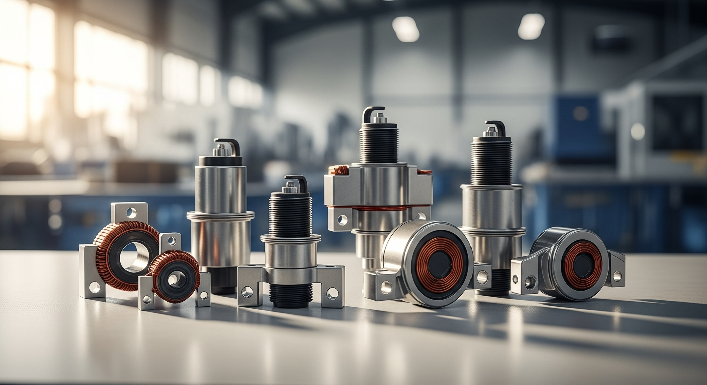 Industrial manufacturing facility with spark coils and ignition system components on production line