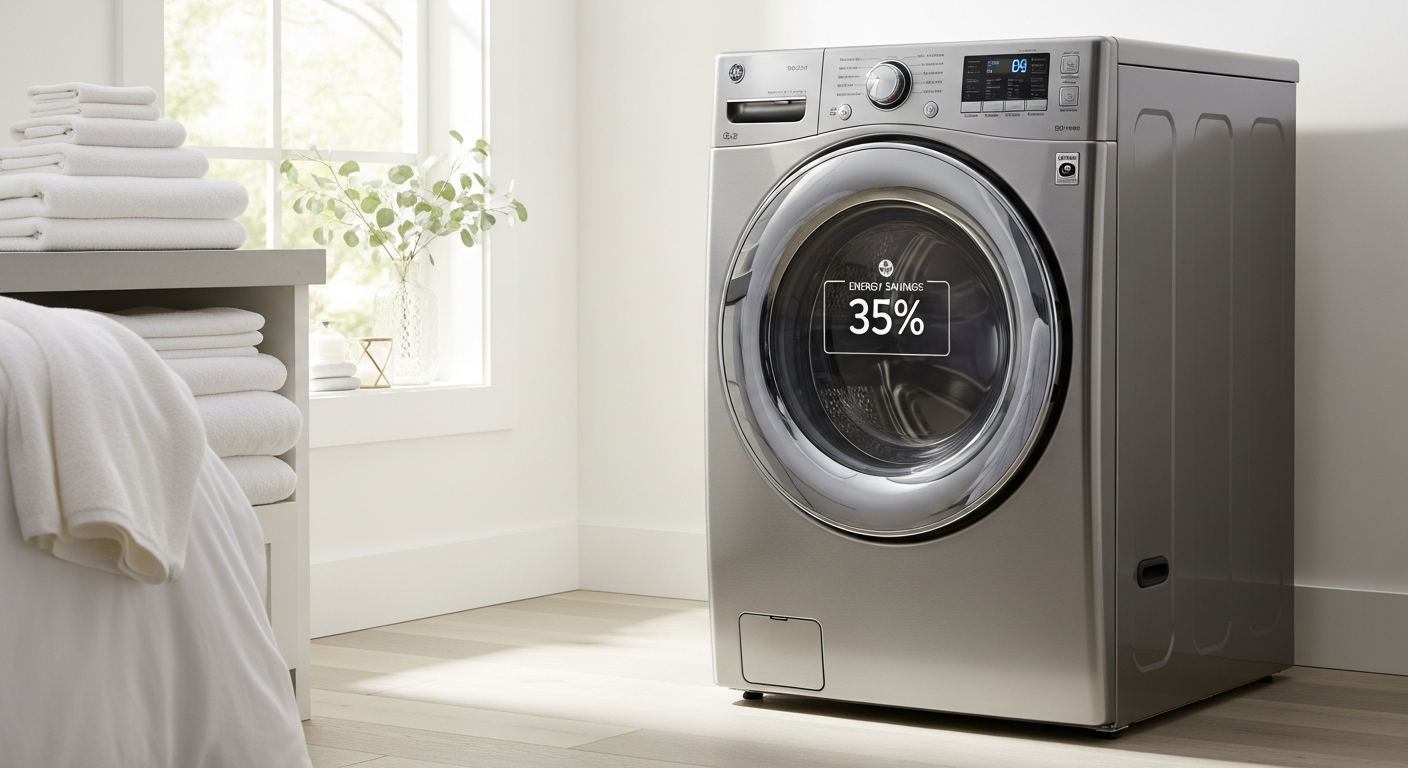 GE 28-inch Smart Front Load Washer with stainless steel drum and digital control panel