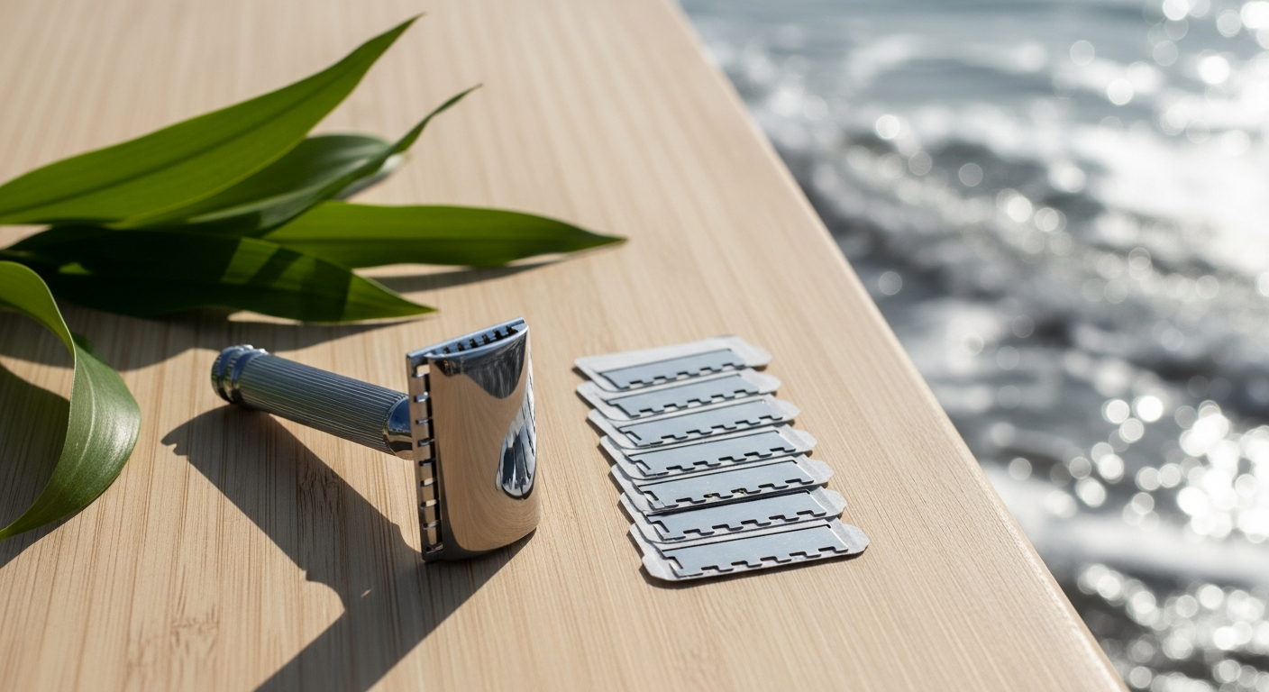 Shoreline Shaving reusable eco-friendly metal safety razor with bamboo handle displayed on sustainable packaging