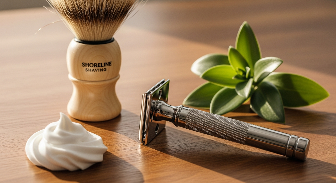 Shoreline Shaving Reusable Safety Razor in Rose Gold finish displayed with replacement blades and bamboo handle
