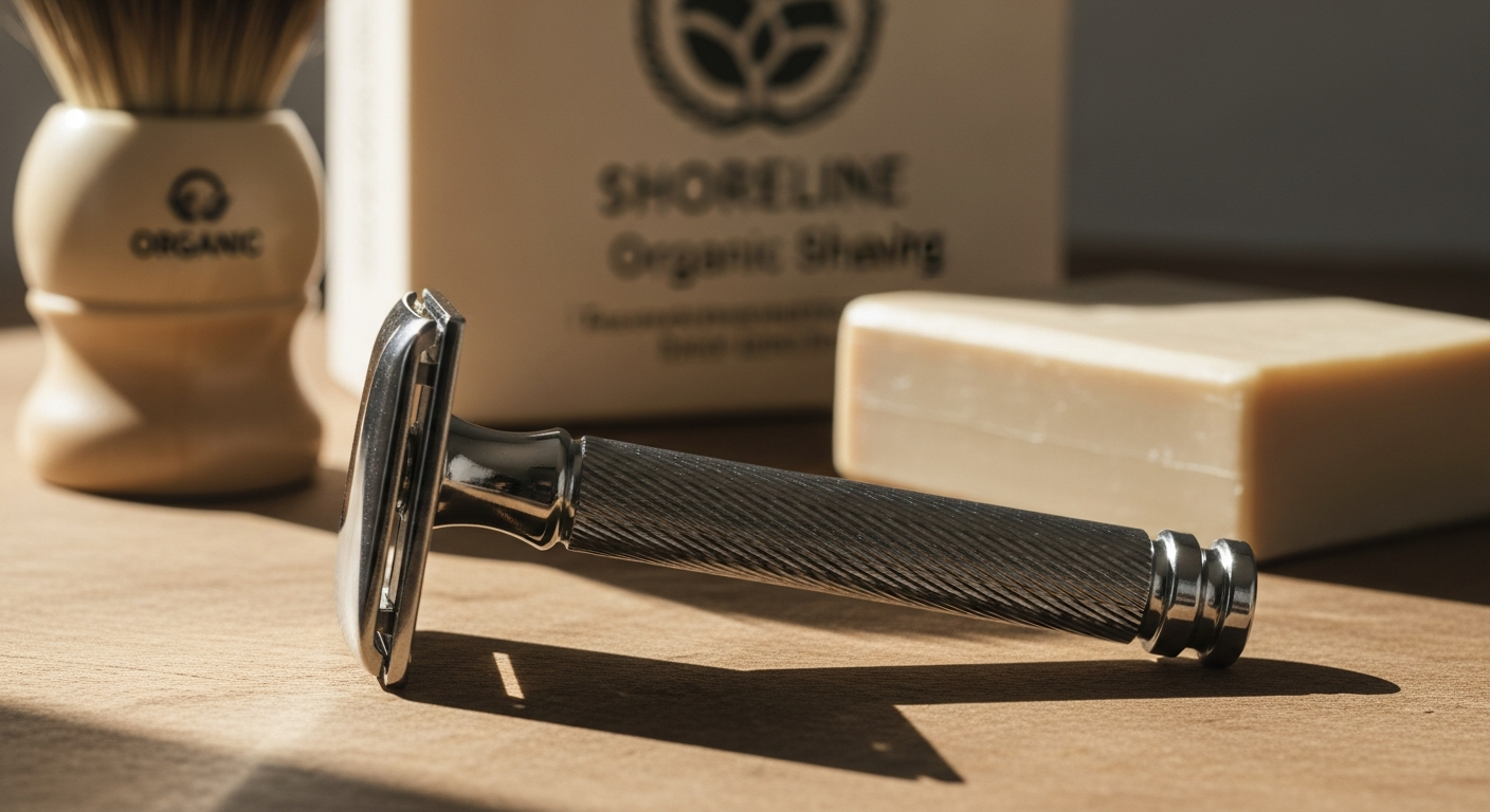 Shoreline Shaving Eco-Friendly Double Edge Safety Razor in rose gold with bamboo handle displayed