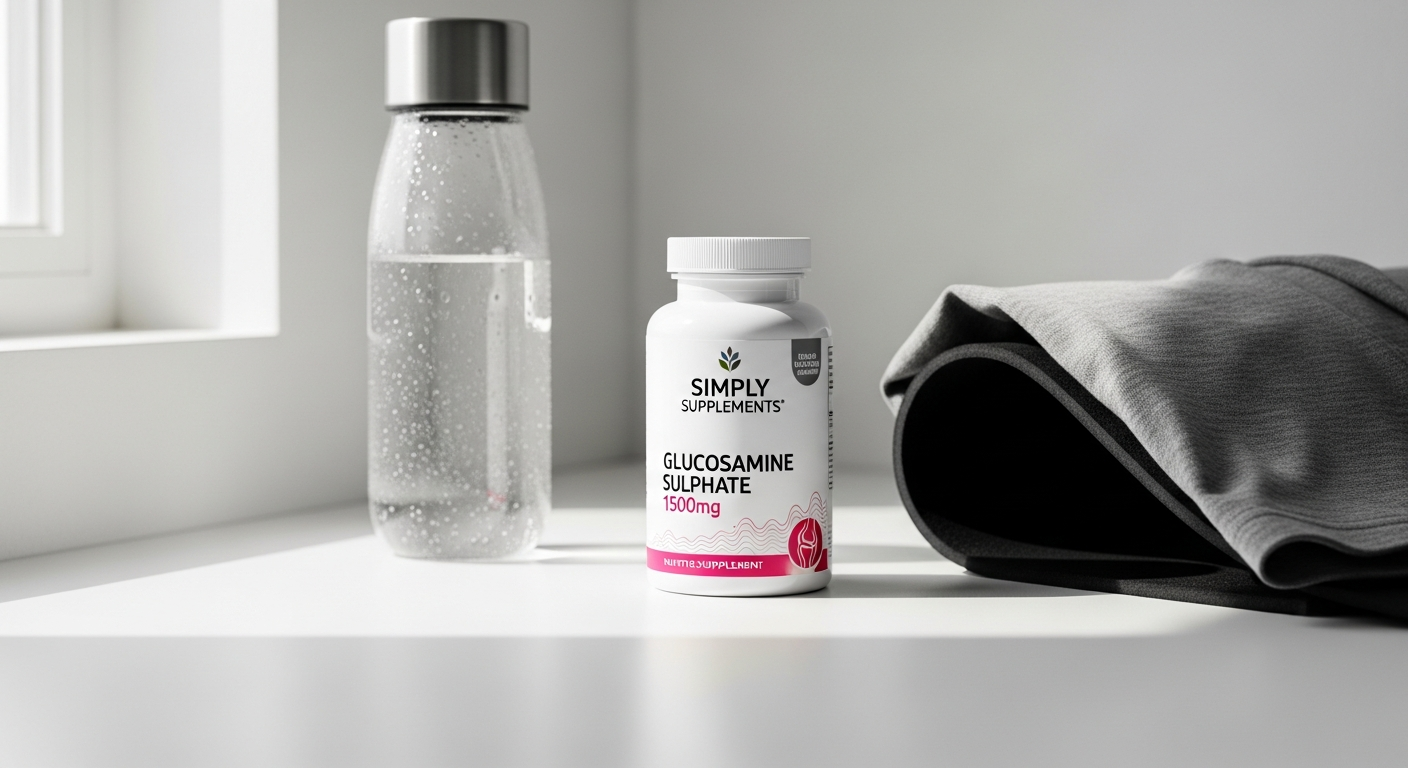 Simply Supplements Glucosamine Sulphate 1500mg tablets displayed with joint health and athletic recovery imagery