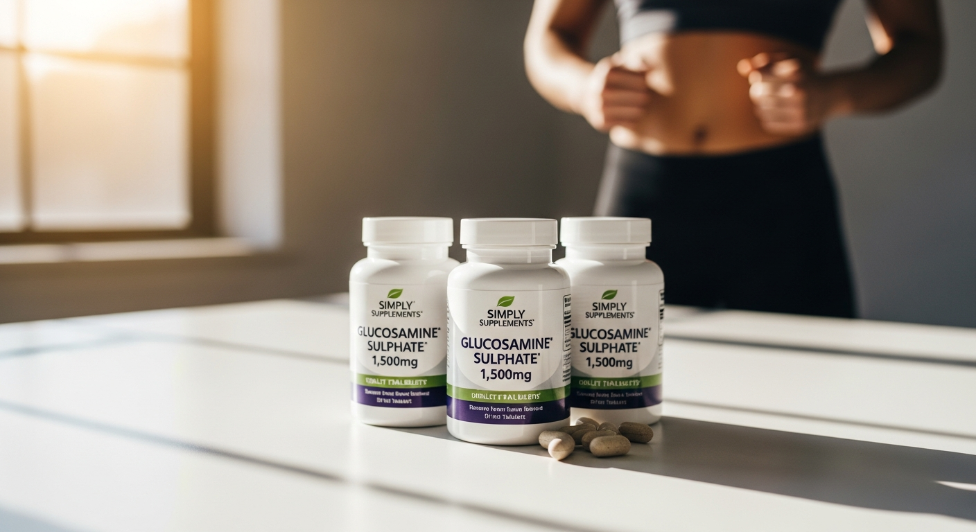 Simply Supplements Glucosamine Sulphate 1500mg tablets bottle displayed with supplement facts and athletic performance imagery
