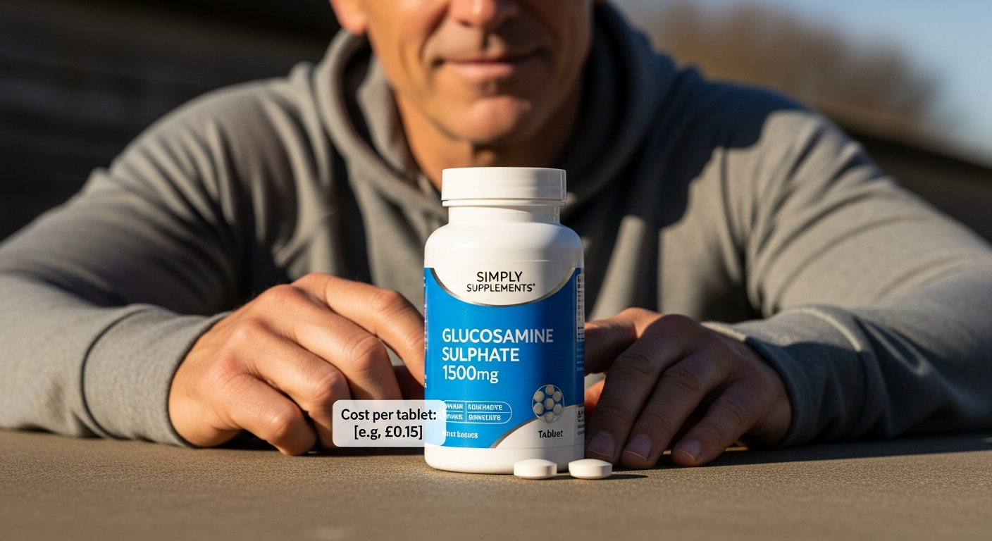 Simply Supplements Glucosamine Sulphate 1500mg Tablets bottle displayed with joint health benefits highlighted
