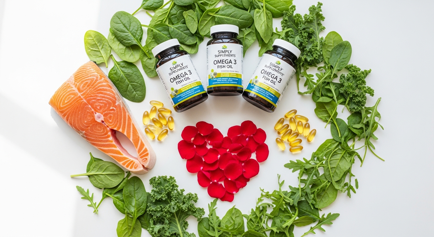 Simply Supplements Omega 3 Fish Oil Capsules bottle displayed with fresh fish and heart health imagery